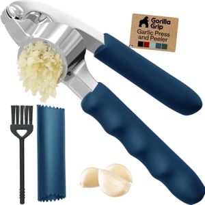 GORILLA GRIP Garlic Press and Peel Set, Heavy Duty Mincer Tool, Large Ergonomic Handle, Easily Mince and Crush Garlics, Ginger, Nuts, Seeds, Peeler Included for Peeling Cloves, Kitchen Gadgets, Blue