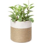 Dahey Small Cotton Rope Plant Basket Woven Plant Coiled Basket for Up to 7" Planter, 7.5" x 8" Decorative Flower Pot Cover Closet Storage Bin Table Desk Organizer for Home Decor, White and Beige