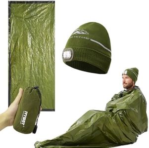 IVYWNT Emergency Sleeping Bag & LED Beanie Kit - Portable Bivy Sack Blanket, Winter Warm Knitted Hat with Light, Waterproof Survival Gear for Camping Hiking Adventure, Green