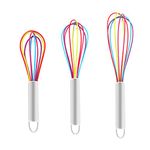 3Pcs Silicone Whisk Set Plastic Whisks Small Silicone Tipped Balloon Whisk Rainbow Whisk Colourful Childrens Whisk Mini Hand Whisk Manual Kids Whisk for Baking Cooking Non Stick Pans 8/10 /12Inch