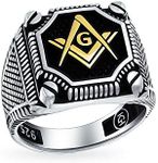 Mens Large Solid Tri Tone Black Inlay Compass Freemason Masonic Signet Ring For Men Oxidized Gold- Tone .925 Silver Made In Turkey