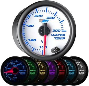 GlowShift White 7 Color 300 F Water Coolant Temperature Gauge Kit - includes Electronic Sensor - White Dial - Clear Lens - for Car & Truck - 2-1/16" 52mm