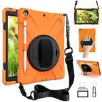 ZenRich Case for iPad 9th Generation iPad 8th/7th Generation Case with Pencil Holder Rotating Stand Hand Strap & Shoulder Belt, Heavy Duty Kids iPad 10.2 inch Case 2021/2020/2019 Cover, Orange