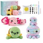 Crochet Kit for Beginners, 5 Pack Amigurumi Beginner Crochet Kit, Crochet Turtle Axolotl Octopus kit Crochet for Beginners, Crochet Animals Knitting Kit with Step-by-Step Video, Crafts for Adults