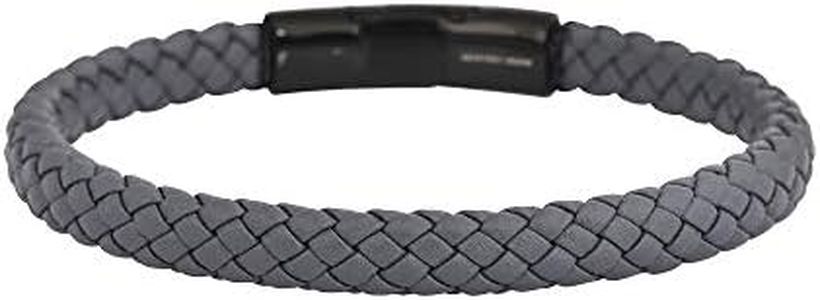 Geoffrey Beene Men's Braided Genuine Leather Bracelet with Stainless Steel Closure (Grey, Black)