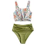 ZAFUL Women's Scoop Neck Tropical Leaf Knotted Two Pieces Tankini Set Swimsuit (D-Green Onion, L)