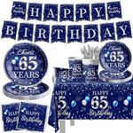 142 Pcs 65th Birthday Tableware Set Decorations Sliver and Blue 65th Happy Birthday Party Supplies for Men Women Birthday Tablecloth,Plates, Napkins, Cups,Forks and Knives