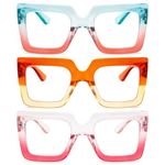 REAVEE 3 Pack Oversized Reading Glasses for Women Large Frame Extra Wide, Blue Light Blocking Stylish Thick Square Readers, Green Orange + Orange Yellow + Pink Red, 0.00