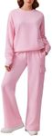 PINSPARK Womens Sweatsuits 2 Piece Set 2024 Fall Fashion Oversized Lounge Sets Fleece Crewneck Sweatshirts Wide Leg Cargo Sweatpants with Pockets Cozy Tracksuits Loose Travel Outfits, Pink XXL