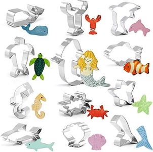 GWHOLE 12 Pack Sea Creature Cookie Cutter Set Ocean Sea Life Mermaid Shark Starfish Seashell Seahorse Whale Octopus Dolphin Clownfish Fish Shaped Cookie and Fondant Cutters Molds for Kids