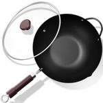 Jobin 32 cm/12.6-inch Wok Non Stick with Lid, Pre-Seasoned Chinese Carbon Steel Wok with Pouring Spout and Steel Helper Handle, Pan for All Cookware