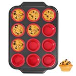 Silicone Muffin Pan with Metal Frame, Regular Size Cupcake Pan with Foldable 12 Cups Non Stick Muffin Pan for Baking BPA Free 1 Pack