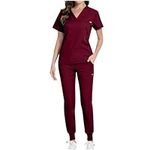 Prime of Day Deals Today 2024 Scrub for Women Set 2 Piece Uniform Suit V Neck Side Drawstring Tops with Jogger Scrub Pants Workwear with Pockets Clearance of Sale