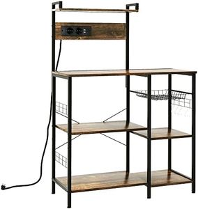HOMCOM Estante de Cocina Industrial con Cargadores USB Estantería para Microondas con Toma de Corriente Estante Ajustable 5 Ganchos en S y Cesta Extraíble 90x42x130 cm Marrón Rústico
