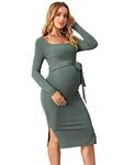 OYOANGLE Women's Maternity Rib Knit Split Hem Knot Front Square Neck Long Sleeve Bodycon Midi Dress, Dark Green, X-Large