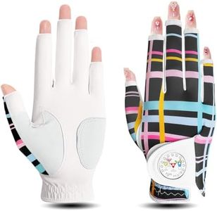 Golf Gloves Women Right Hand Half Finger Leather with Bling Ball Marker Value Pack, Colored Glove for Left Handed Golfer All Weather Grip (Half-Colored Stripes, Large, Right)