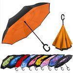 MRTLLOA Windproof Inverted Reverse Umbrella with UV Protection, C-Shaped Handle Double Layer Stick Umbrella for Rain (Orange)