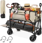 HOPERAN 400L Double Decker Wagon Cart with Wheels Foldable, 54" Extra Long Collapsible Wagon, 550LBS Load Heavy Duty Wagons Carts, Beach Wagon Cart with All-Terrain Big Wheels for Camping, Khaki