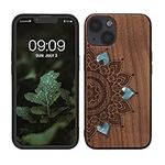 kwmobile Wood Case Compatible with Apple iPhone 13 Case - Cover - Rising Sun Mother of Pearl Dark Brown