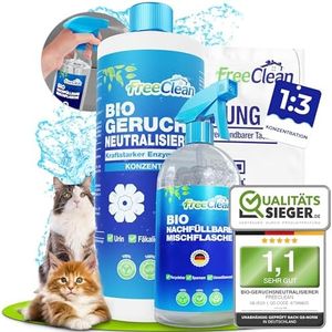 FreeClean® Bio Geruchsneutralisierer Konzentrat 1000ml [EXTRA STARK OHNE CHEMIE] Enzymreiniger Katzenurin inkl Mischflasche - Hochkonzentrierter Geruchsentferner als Textilerfrischer - Made in DE