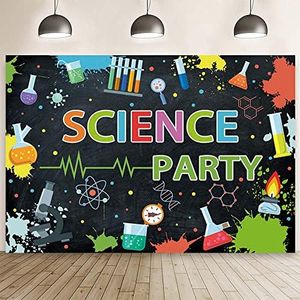 AIBIIN 7x5ft Science Party Backdrop for Kids Mad Science Fun Black Photography Background Graffiti Splash Chemical Experiments Instruments Party Decorations for Boys Beaker Test Tube Banner Decor