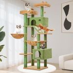 Taoqimiao Cat Tree, 180cm Cat Tower for Indoor Cats Large Cats, Multi-level Cat Climbing Tower, 8 Sisal Scratching Posts, Metal Frame Cozy Hammock, Scratch Board, 2 Top Perches, Green MSC026L