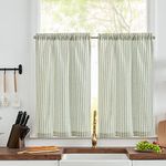 TOPICK Spring Green Striped Small Curtains 24 Inch Drop Linen Kitchen Curtains Translucent Short Cafe Curtains Flax Light Filtering for Country Half Window Basement Sink Laundry Room Bathroom 2 Panels