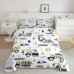 Feelyou Kids Construction Truck Comforter Full Size Boys Cartoon Cars Toddler Bedding Set Machinery Excavator Tractor Equipment 3Pieces Cute Vehicles Blue Yellow Quilt with 2 Pillowcases