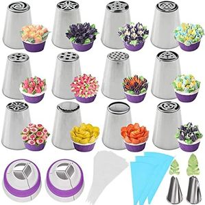 iDopick 69 Pcs Russian Piping Tips Set, 12 Different Flower Nozzles Russian Icing Piping Nozzles Cake Cookies Decoration Tips Home Baking DIY Tool with 2 Leaf Piping Tips 2 Coverter and Pastry Bags