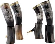 Bhartiya Handicrafts Viking Drinking Horn Mugs with Stand Handmade Real Horn Cups for Ale Wine Beer mead ale Vikings & Game of Thrones and Viking Theme(Polished Finish-13", 200-400 ml) (Pack of 4)