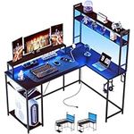 L Shaped Desk with Reversible Monitor Stand & Hutch, Computer Gaming Desk with LED Lights & Power Outlets, Home Office Coner Desk with Storage Shelves, Black