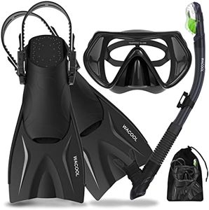 WACOOL Adults Child Teens Snorkeling Snorkel Scuba Diving Package Set Gear with Adjustable Short Swim Fins Anti-Fog Coated Glass Silicon Mouth Piece Purge Valve (Black/L-XL)