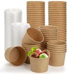 Lyellfe 100 Pack Disposable Paper Bowls with Lids, 8 Oz Heavy Duty Kraft Paper Bowl, To Go Soup Container Dessert Cups for Ice Cream, Yogurt, Cold and Hot