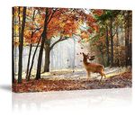 Deer Autumn Forest Wall Art for Living Room, Piy Painting Beautiful Sika Wild Animal in Morning Canvas Prints with Falling Leaves, Sweet Scenic Landscape Picture Decor 24x36 Inches