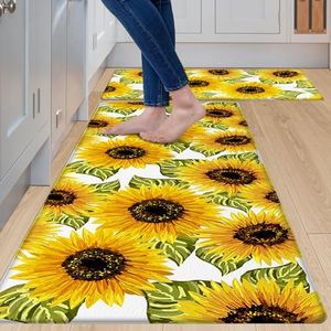 MAYHMYO 2 PCS Sunflower Themed Kitchen Rug,Cushioned Non Slip Yellow Vintage Floral Farmhouse Kitchen Mat for Floor Waterproof Comfort Kitchen Rugs Set for Sink,Laundry Room,Office