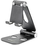 StarTech.com Phone and Tablet Stand - Foldable Universal Mobile Device Holder for Smartphones & Tablets - Adjustable Multi-Angle Ergonomic Cell Phone Stand for Desk - Portable - Black (USPTLSTNDB)