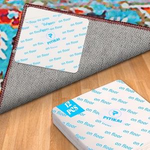 PITIKAI 8 Pack Anti Slip Rug Pad Gripper for Hardwood Floors Tiles No Damage Under Rug Carpet Tape for Area Rugs Grips Stickers Adhesive Rug Keep Corners Flat to Hold Down Stoppers to Prevent Sliding