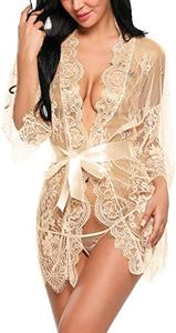 Avidlove Sexy Lingerie for Women Lace Kimono Robe Mesh Chemise Swimsuit Cover Up Apricot