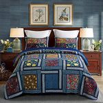 DECMAY 3 Piece Boho Real Patchwork 100% Cotton Bedspread King Deep Blue Vintage Plaid Floral Daybed Bedding Light Weight Reversible Quilt Luxury Matelasse Bed Coverlet Set with Shams