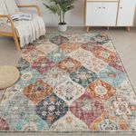 Xfrog Moroccan Trellis Area Rug, 160x230cm Washable Living Room Rug, Retro Floral Rug Non-Slip, Large Oriental Accent Throw Rug Indoor Cream Rug for Nursery Bedroom Office Carpet