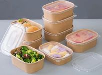 HOT BARGAINS 100 x 650ml Kraft Paper Disposable Food Container with Plastic Lids (650, Rectangular, 100, KF50687)