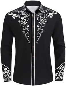 ODIZLI Men's Western Cowboy Shirt Long Sleeve Floral Print Black M