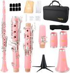 VANPHY Bb Clarinet for Student Beginner, B Flat 17 Nickel-plated Keys Clarinet with Case, Stand, Strap, 2 Barrels, 8 Mouthpiece Cushion, White Gloves, Cleaning Kit （Pink）