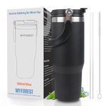 MYFOREST Insulated Tumbler 900ml/30oz, Coffee Mug to Go with Straw, Double-Wall Stainless Steel Vacuum with Top Handle, for Cold Carbonated (0.9l Black, 900ml/30oz)