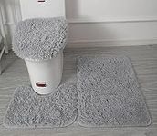 Soft Microfiber Bathroom Rugs Sets 3 Piece, Bath Rug + Contour Mat + Toilet Seat Cover, Non-Slip Bathroom Rugs with PVC Point Flannel Backing, Water Absorbent Solid Light grey