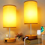 Wondlumi Bedside Lamps Set of 2, Modern Table Lamp with Type C & USB A Charging Ports, 3 Way Dimmable Table Light with Yellow Kraft Lampshade for Bedroom Living Room, E27 6W LED Bulbs Included