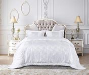 THL Bedspread set 3 Piece Comforter Jacquard Quilted Bed throw With Pillow Shams (Maya-White, Double)