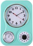 Lily's Home Retro Kitchen Wall Clock, with a Thermometer and 60-Minute Timer, Ideal for Any Kitchen, Turquoise (9.5 in x 13.3 in)