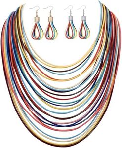 Women Multi Layer Chunky Bib Necklace Magnetic Clasp Wax Line Choker Statement Jewelry (Colorful)