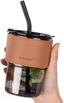 KiKiluxxa Glass Tumbler Mug With Lid,Glass Straw&Protective Anti-Skid Leather Sleeve For Hot&Cold Beverages Tea Coffee Smoothies Fruit Juice Travel Mug-435Ml(Grey Leather 1)435 Milliliter